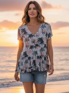 🌴Ro & De Palm Print V-Neck Ruffle Blouse, S/M